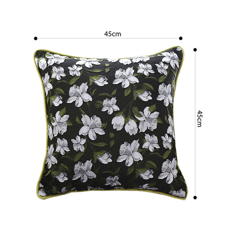 SOGA 45cm Black Floral Pillow Cover with Green Trim