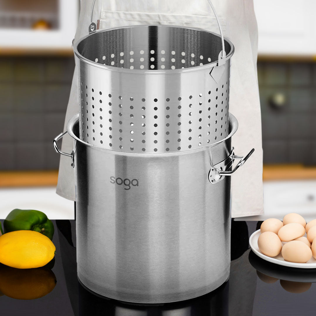 SOGA 71L 18/10 Stainless Steel Stockpot with Perforated Stock pot Basket Pasta Strainer