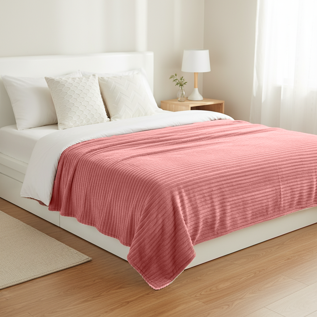 SOGA 3PC Cozy Set – Pink Flannel Throw Blanket with Decorative Pillow Covers (Chevron Pure & Scalloped Wave White Design)