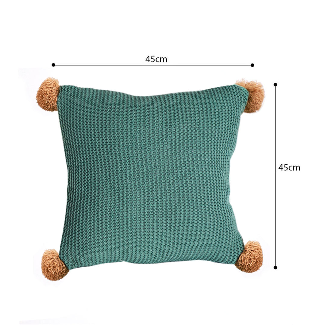 SOGA 45cm Ribbed Knit Pillowcase with Pom-Poms (Sage Green)