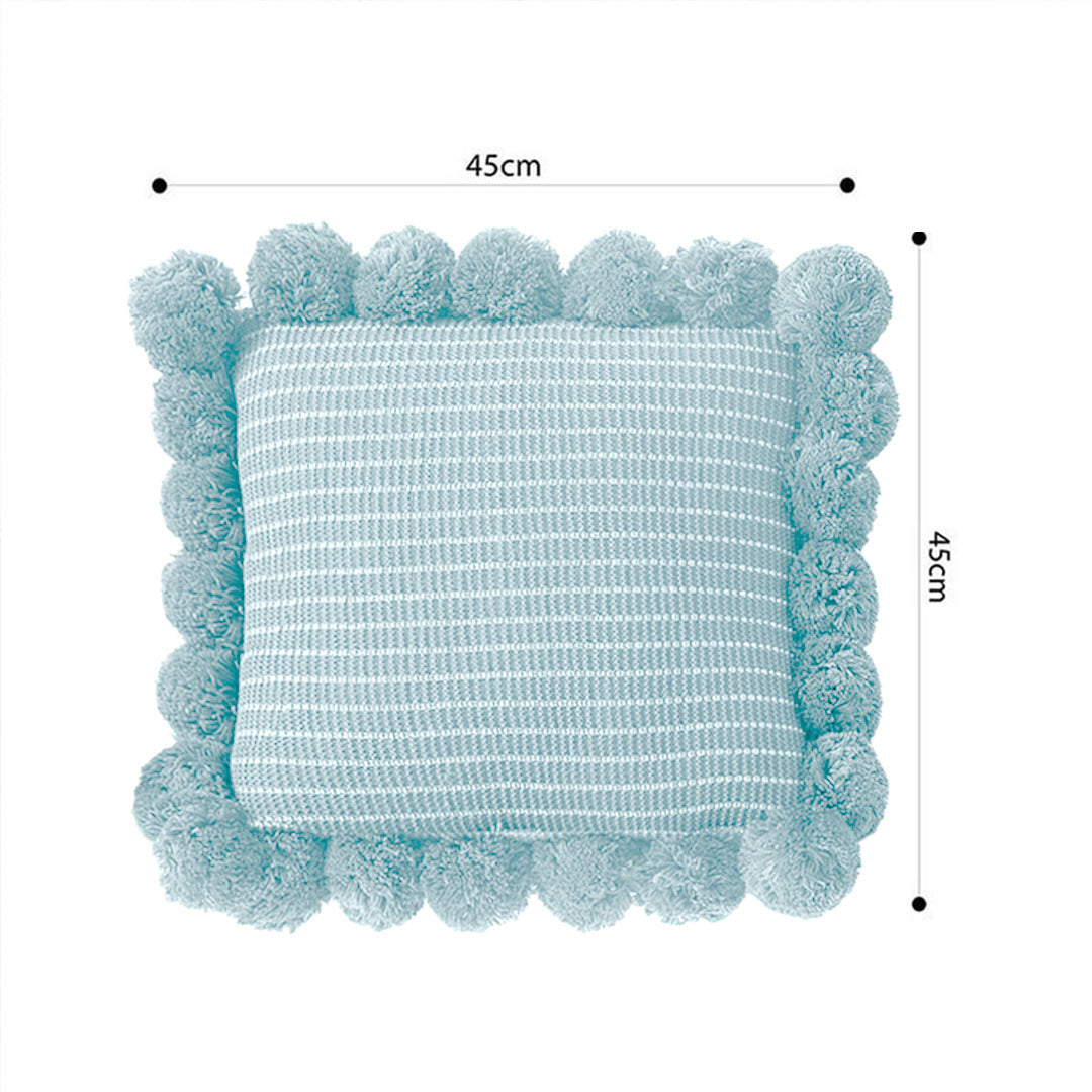 SOGA 45cm Light Blue Ribbed Pillow Cover with Pom Poms