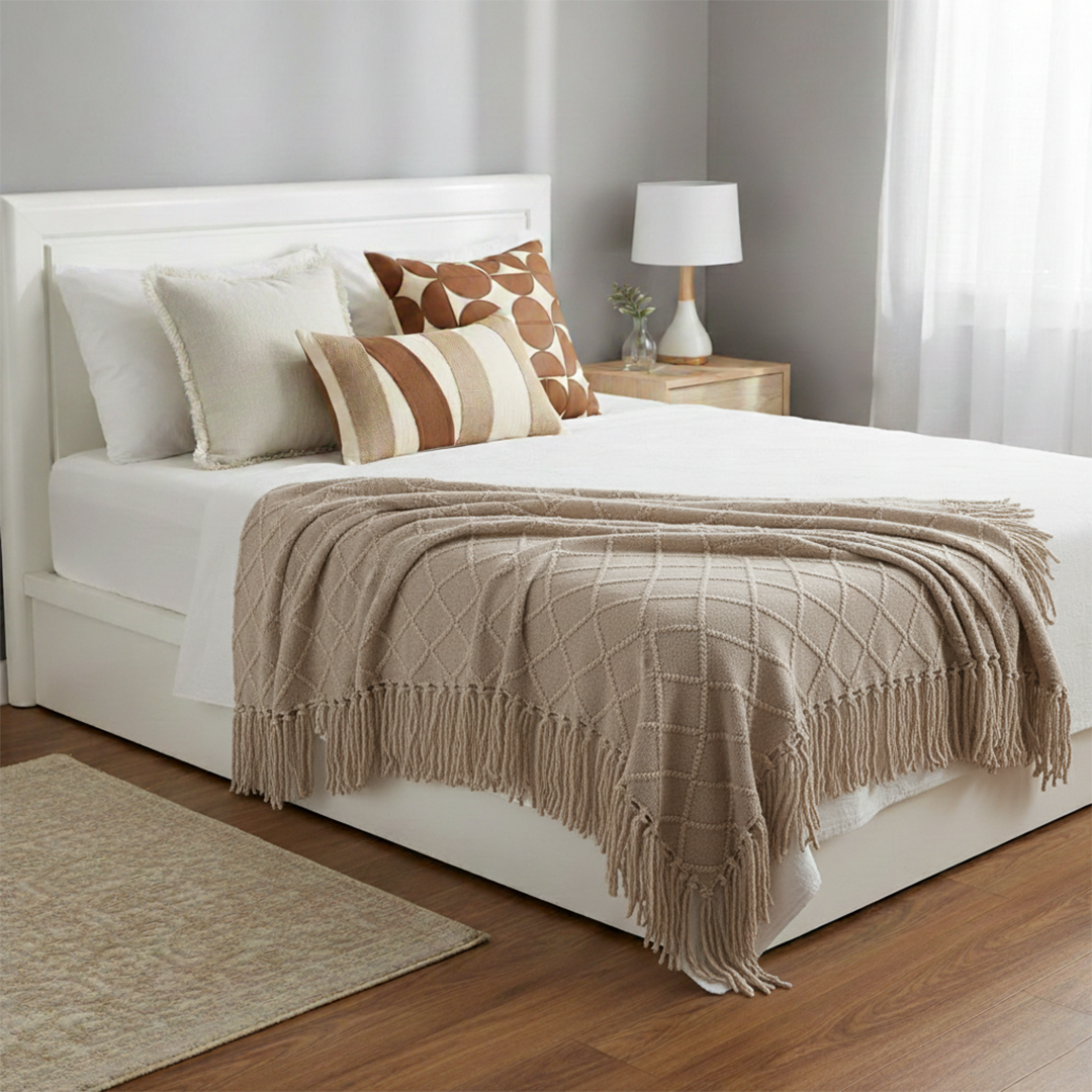 SOGA 4PC Set – Coffee Diamond Knitted Throw with Tassels + Striped, Geometric & Cream Pillowcases – stylish Decor