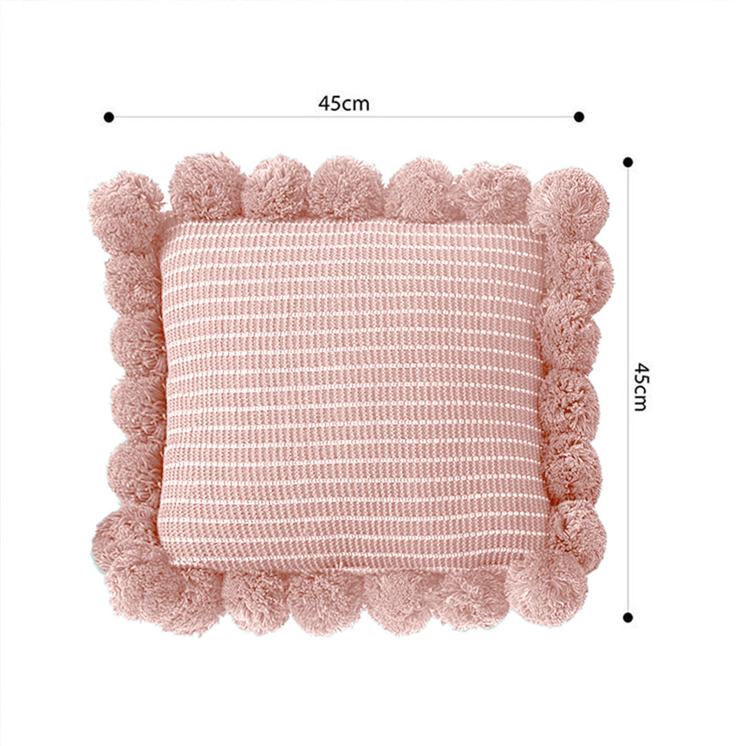 SOGA 45cm Blush Pink Ribbed Pillow Cover with Pom Poms