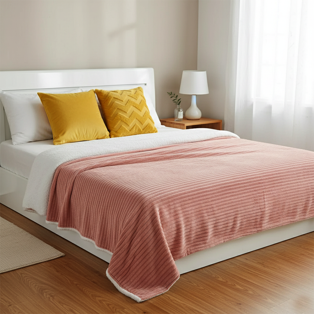 SOGA 3PC Cozy Set – Pink Flannel Throw Blanket with Pillow Covers (Chevron & Yellow Velvet Design)