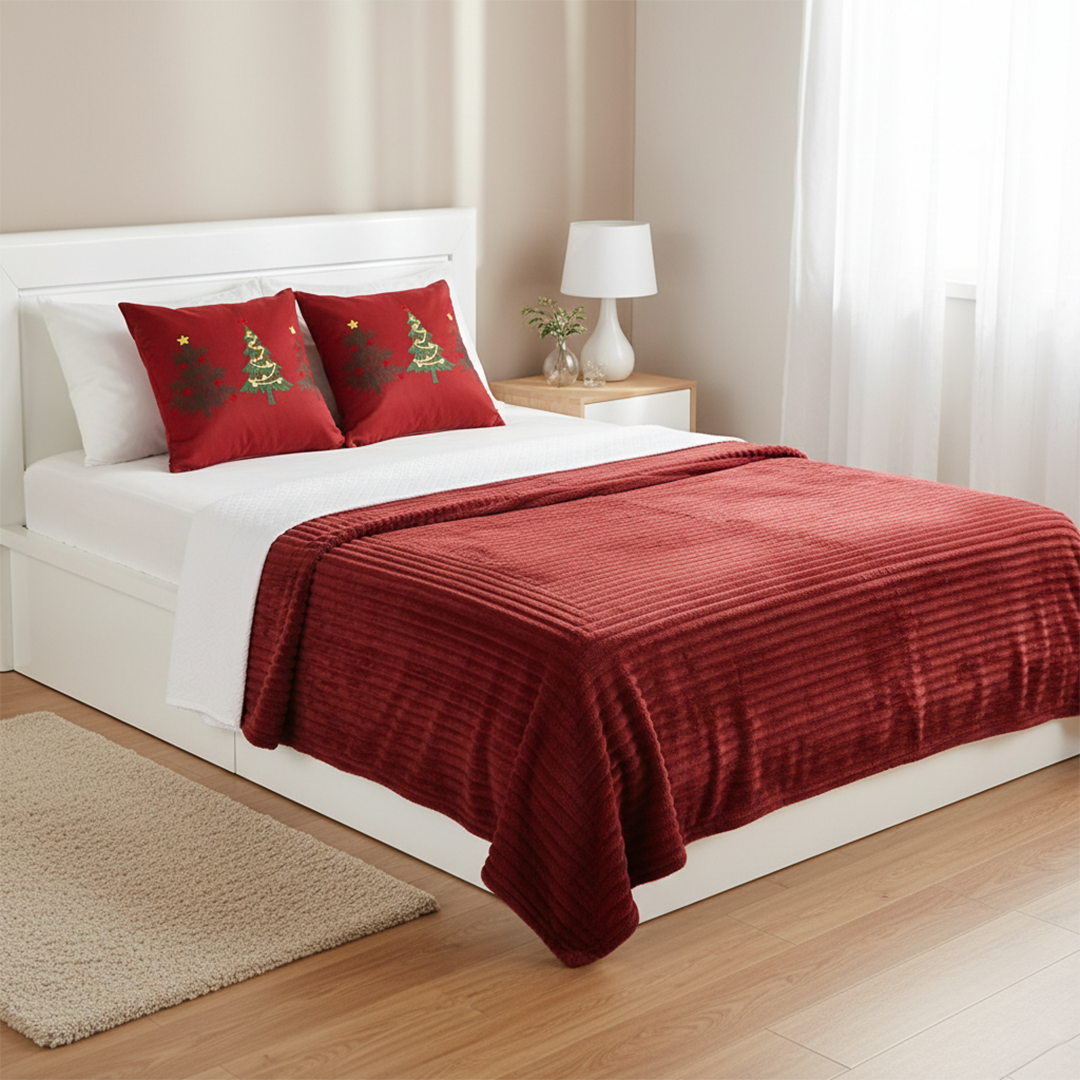 SOGA 3PC Christmas Set – Burgundy Striped Flannel Throw Blanket with Red Tree Trio Pillow Covers
