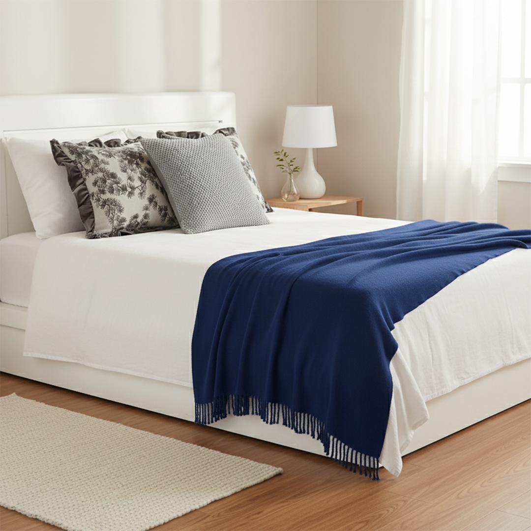 SOGA 4PC Set – Royal Blue Knitted Throw with Fringes + Gray Floral Ruffle & Stone Pillowcases – Cozy Elegant Decor