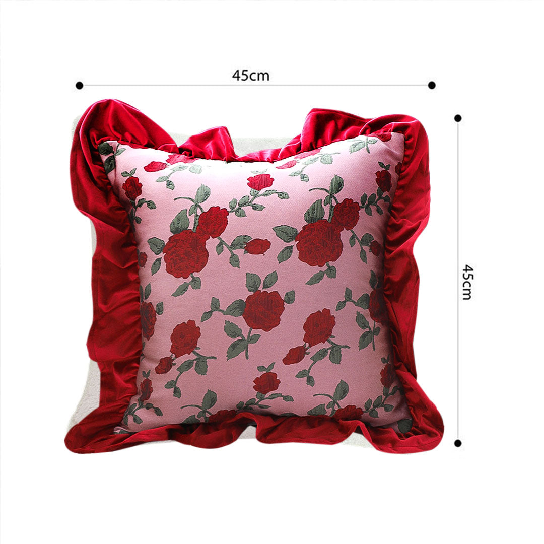 SOGA 45cm Rose Garden Pillow Cover with Burgundy Ruffle