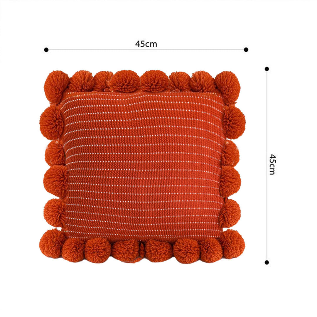 SOGA 45cm Rust Red Ribbed Pillow Cover with Pom Poms
