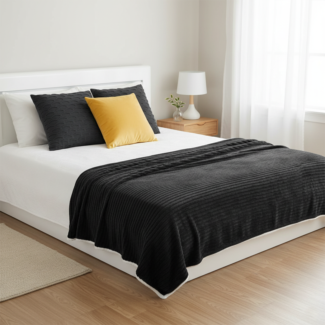 SOGA 3PC Cozy Set – Flannel Throw Blanket with Pillow Covers (Scalloped Charcoal & Golden Velvet Design)