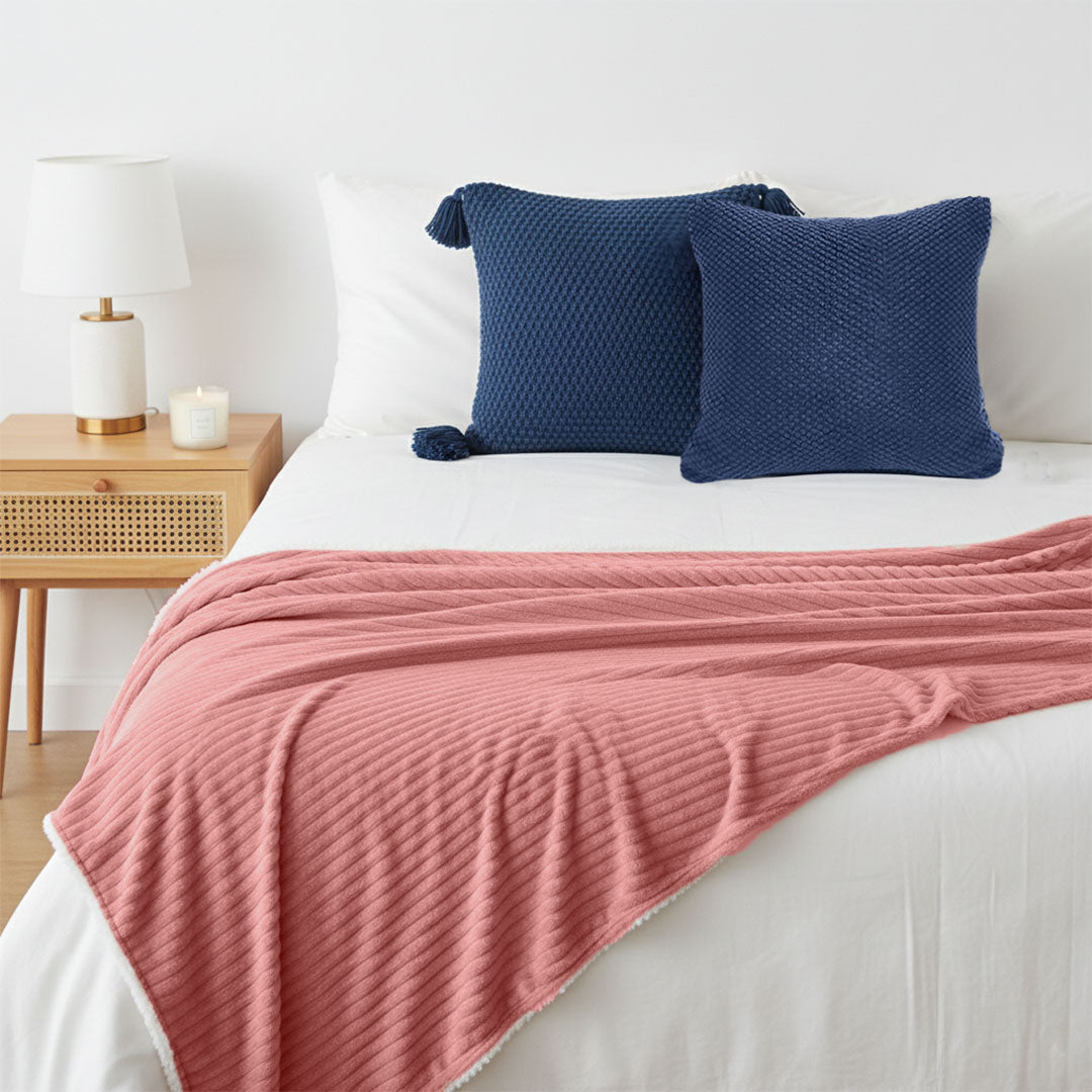 SOGA 3PC Cozy Set – Pink Flannel Throw Blanket with Decorative Pillow Covers (Chunky Knit & Textured Navy Design)