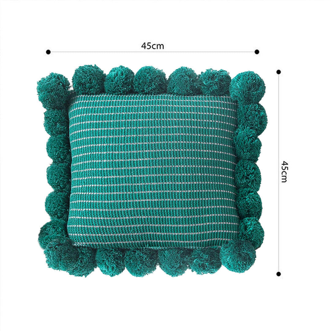 SOGA 45cm Teal Ribbed Pillow Cover with Pom Poms
