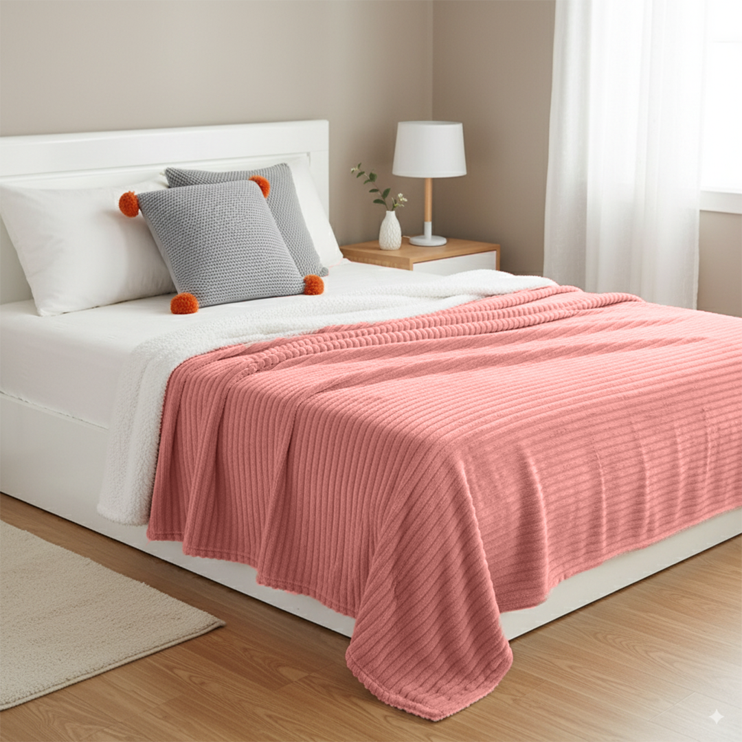 SOGA 3PC Cozy Set – Pink Flannel Throw Blanket with Pillow Covers (Stone Texture & Gray Ribbed Pom-Poms Design)