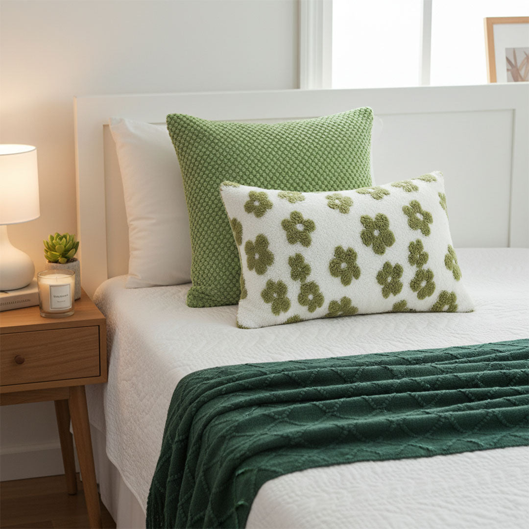 SOGA 3PC Cozy Home Set – Green Diamond Knit Throw Blanket with Decorative Pillow Covers (Weave & Bloom Design)