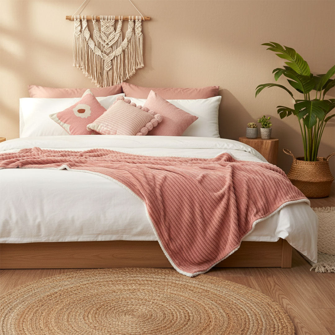 SOGA 3PC Cozy Pink Set – Flannel Throw Blanket with Pillow Covers (Ribbed Pom-Poms & Blush Bloom Design)