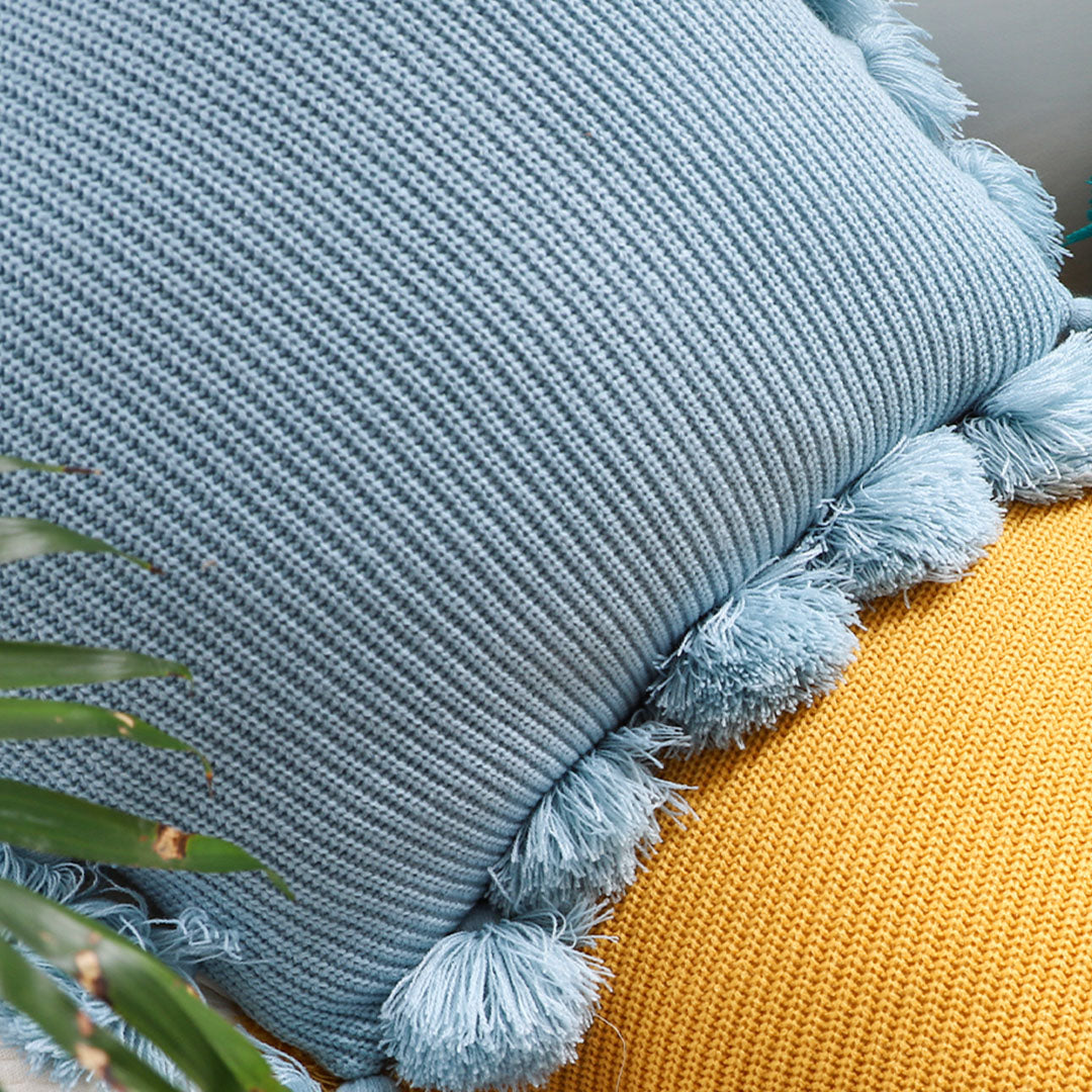 SOGA 45cm Textured Pillowcase with Pom-Pom Trim (Sky Blue)