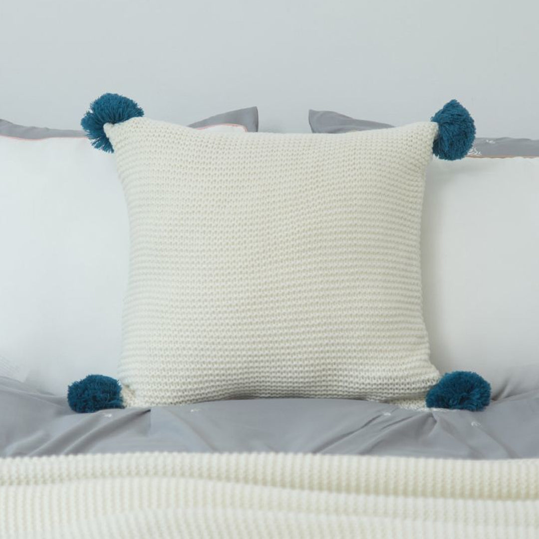 SOGA 45cm Ribbed Knit Pillowcase with Pom-Poms (Cream White)