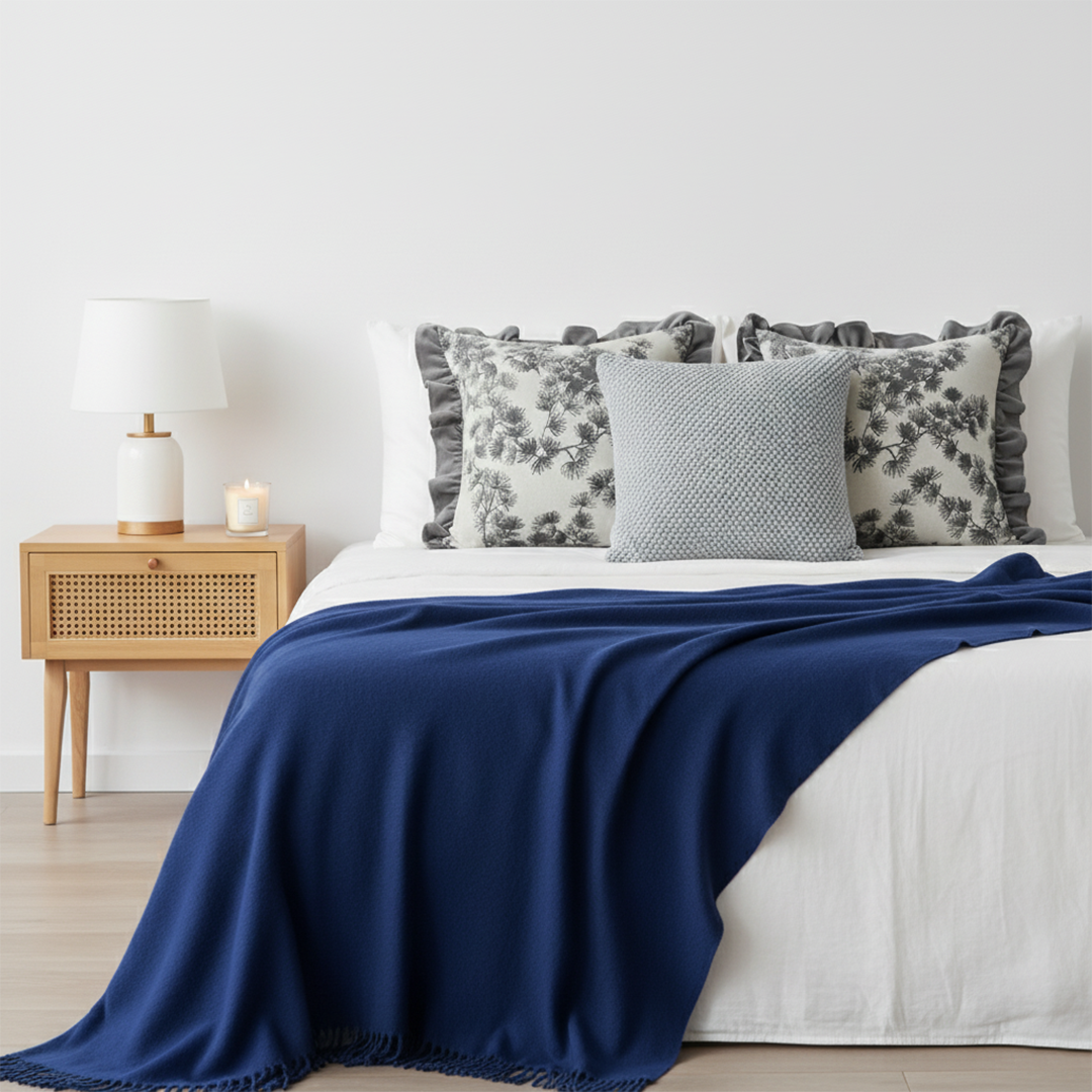 SOGA 4PC Set – Royal Blue Knitted Throw with Fringes + Gray Floral Ruffle & Stone Pillowcases – Cozy Elegant Decor