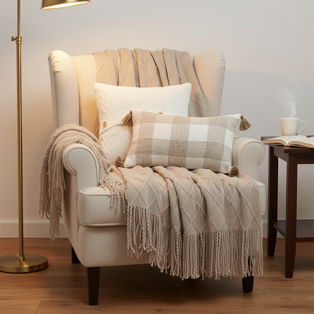 SOGA 3PC Cozy Set – Coffee Diamond Knit Throw Blanket with Decorative Pillow Covers (Knit Comfort & Gingham Check Design)