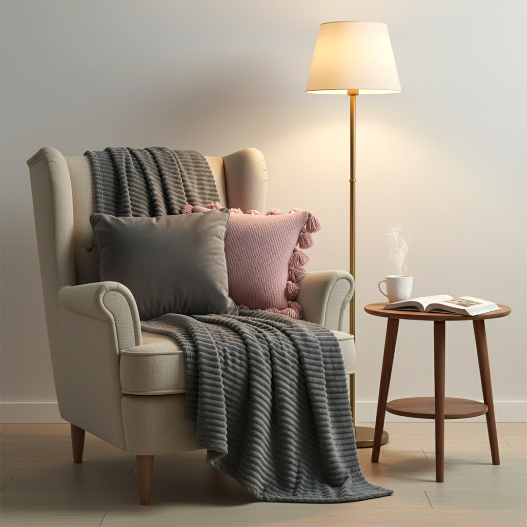 SOGA 3PC Cozy Set – Gray Striped Flannel Throw Blanket with Pillow Covers (Velvet Dove Gray + Soft Pink Pom-Pom Design)