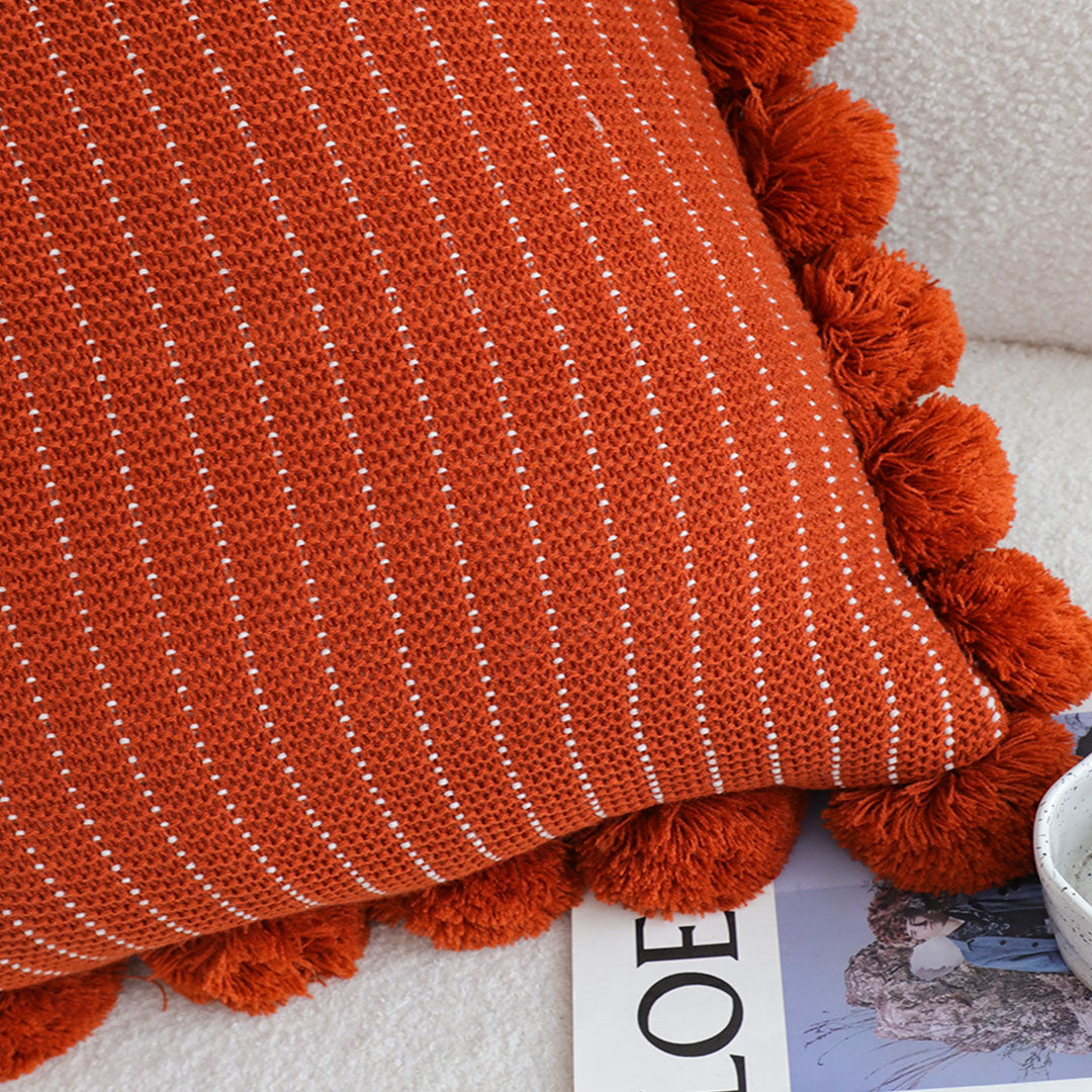 SOGA 45cm Rust Red Ribbed Pillow Cover with Pom Poms