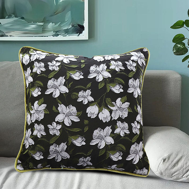 SOGA 45cm Black Floral Pillow Cover with Green Trim