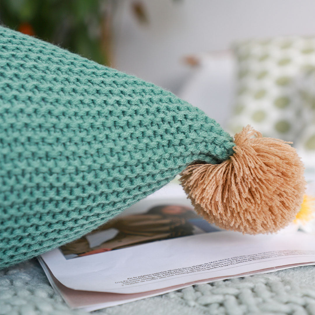 SOGA 45cm Ribbed Knit Pillowcase with Pom-Poms (Sage Green)