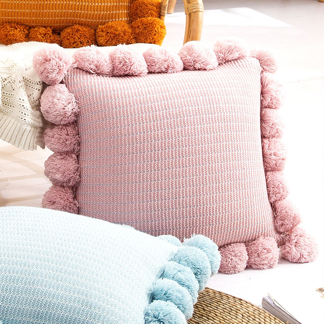 SOGA 45cm Blush Pink Ribbed Pillow Cover with Pom Poms