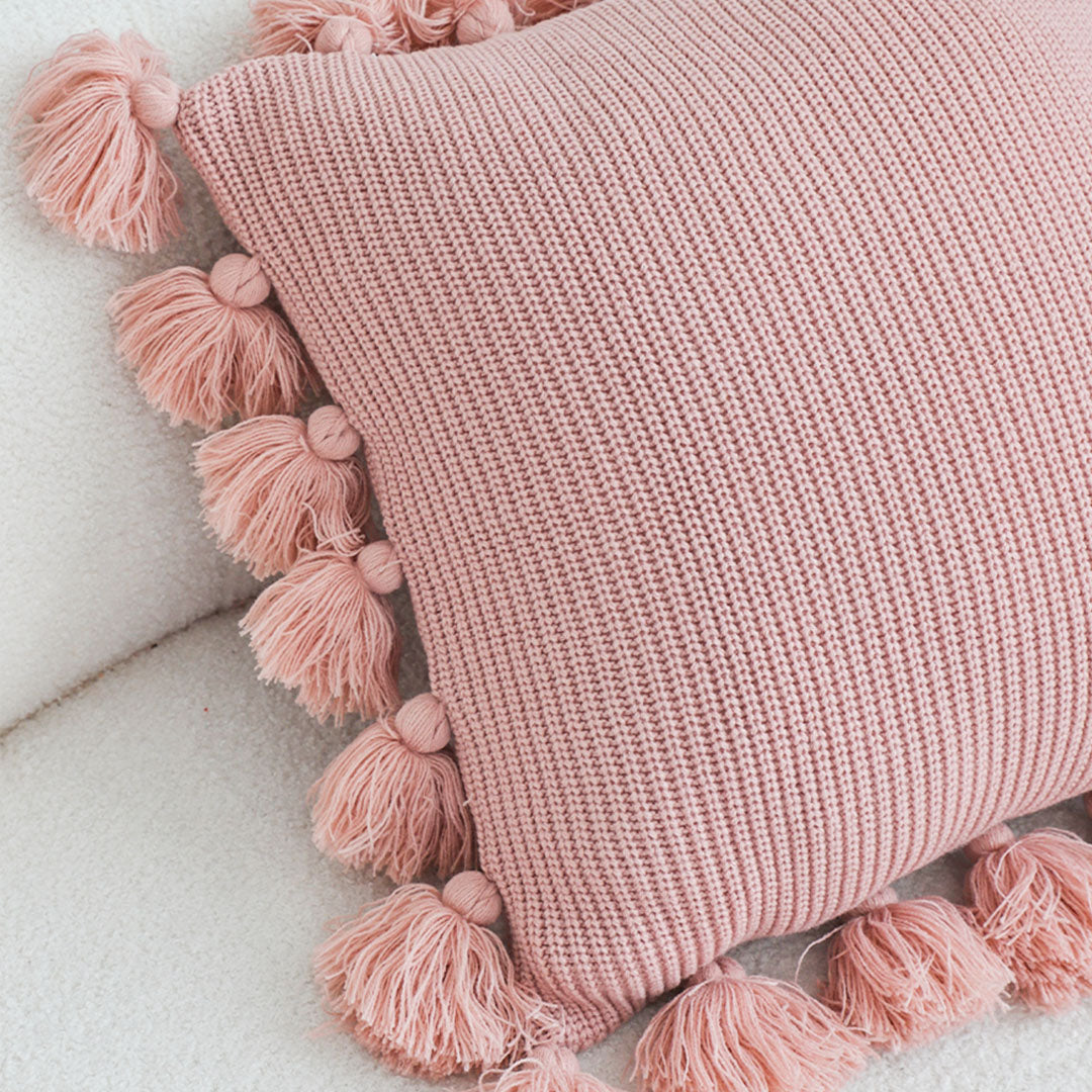 SOGA 45cm Textured Pillowcase with Pom-Pom Trim (Soft Pink)