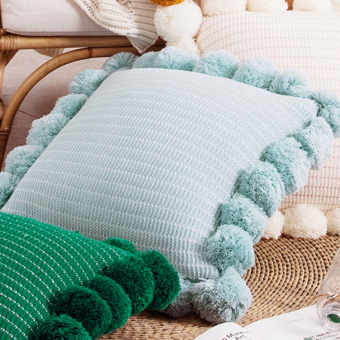 SOGA 45cm Light Blue Ribbed Pillow Cover with Pom Poms