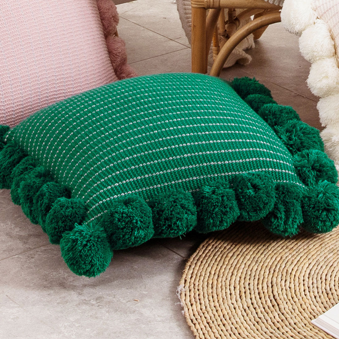 SOGA 45cm Teal Ribbed Pillow Cover with Pom Poms