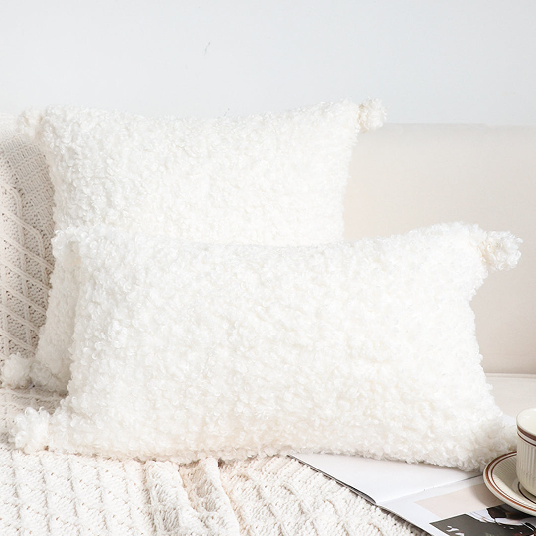 SOGA 30x50cm Ivory Sherpa Lumbar Pillow with Tassel Details