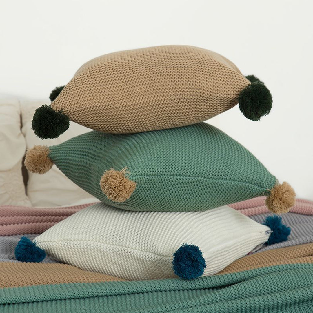 SOGA 45cm Ribbed Knit Pillowcase with Pom-Poms (Warm Beige)