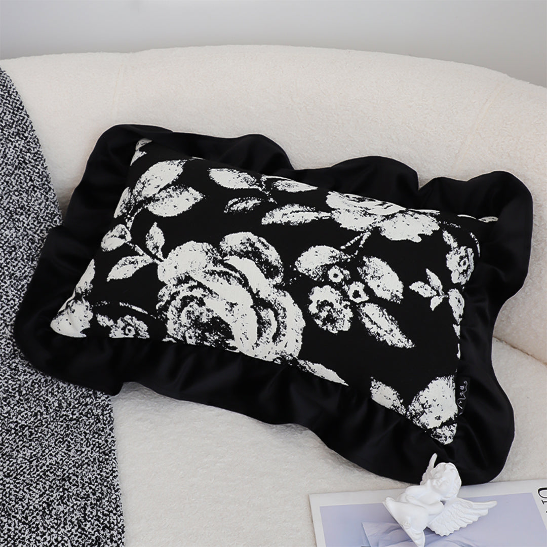 SOGA 30x50 Rectangular Rustic Black Floral Ruffle Pillow Cover