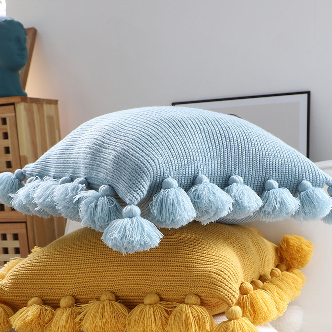 SOGA 45cm Textured Pillowcase with Pom-Pom Trim (Sky Blue)