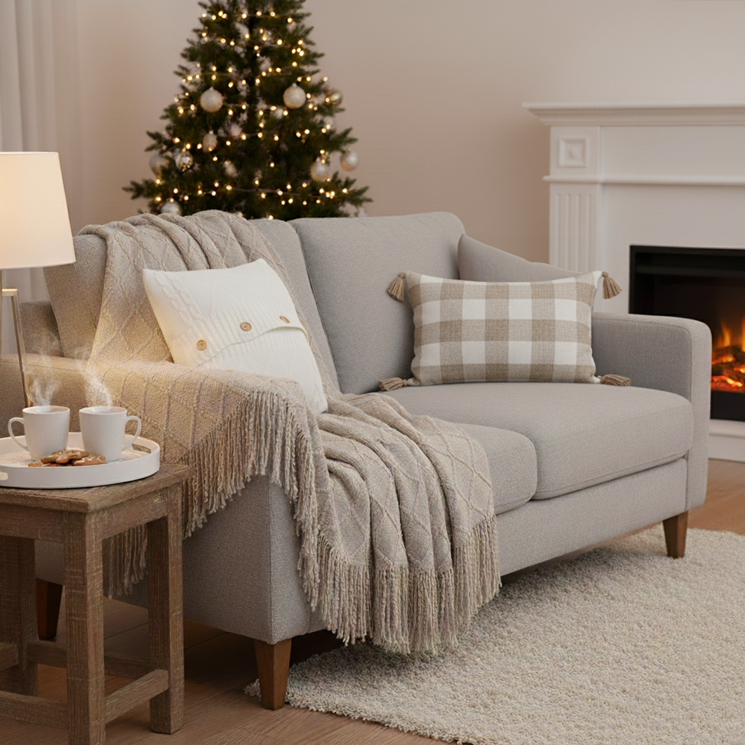 SOGA 3PC Cozy Set – Coffee Diamond Knit Throw Blanket with Decorative Pillow Covers (Knit Comfort & Gingham Check Design)