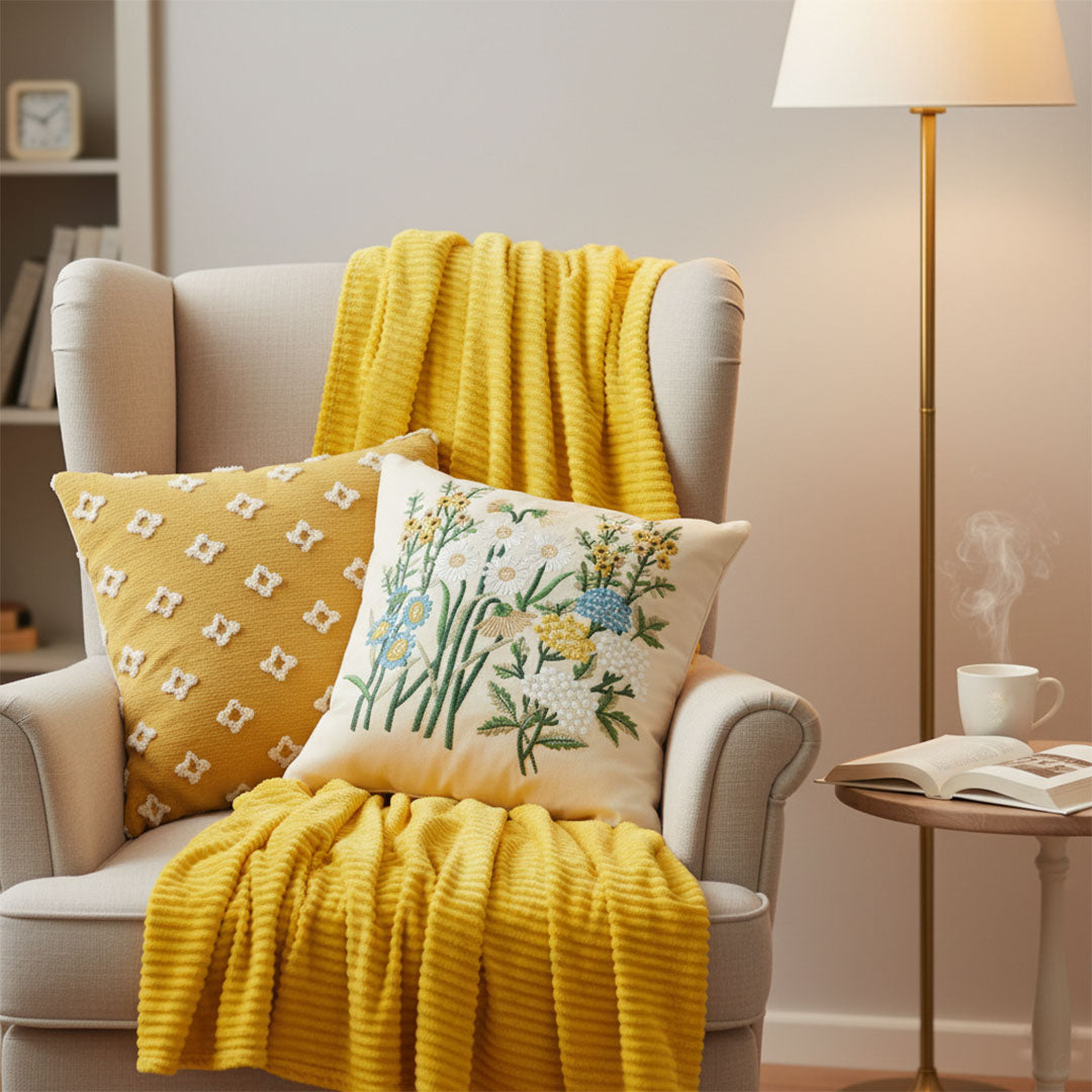 SOGA 3PC Cozy Home Set – Striped Flannel Throw Blanket with Decorative Pillow Covers (Botanical Garden & Diamond Elegance Design)