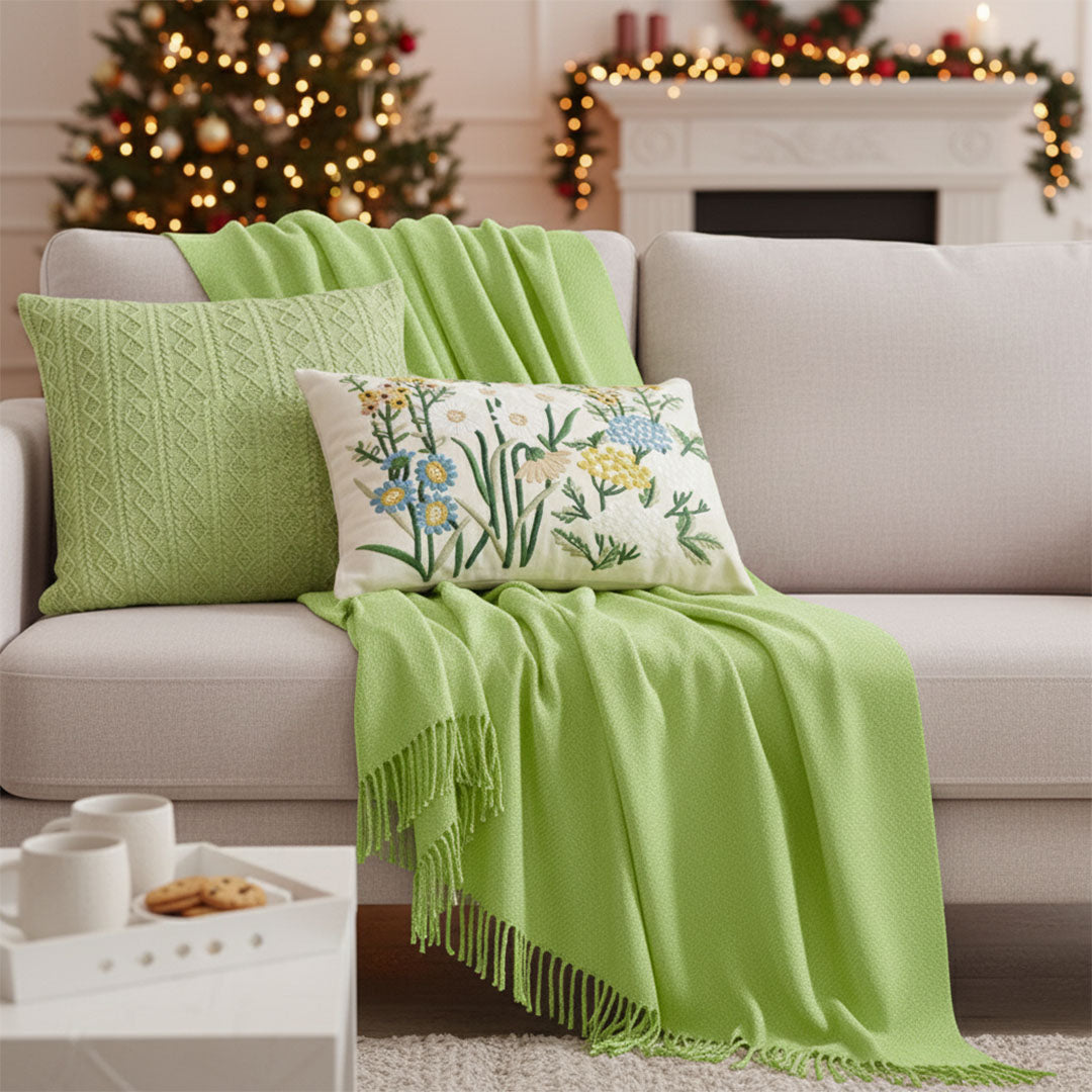 SOGA 3PC Cozy Living Set – Green Knitted Throw Blanket with Decorative Pillow Covers (Cable Knit & Botanical Meadow Design)