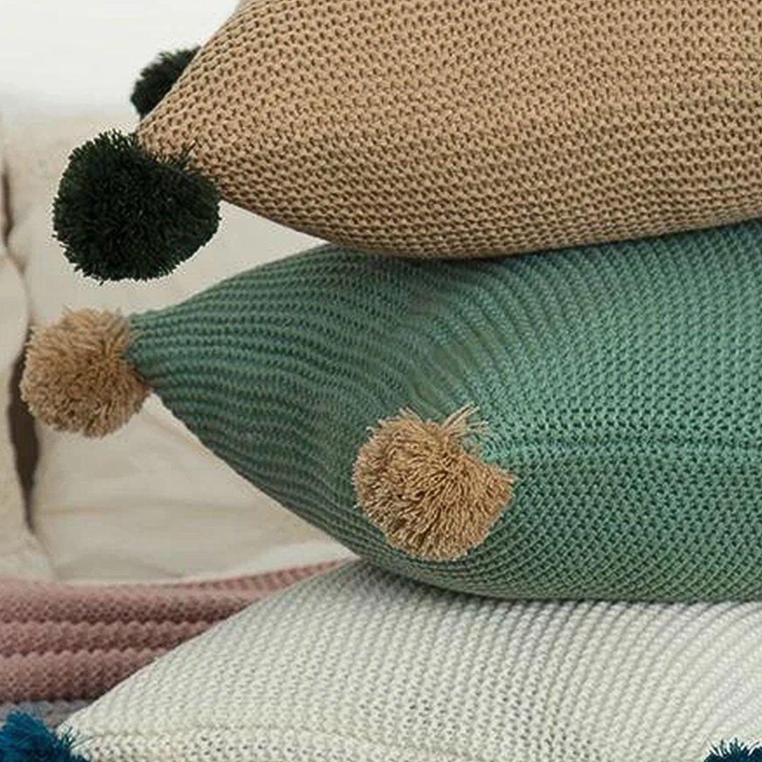 SOGA 45cm Ribbed Knit Pillowcase with Pom-Poms (Sage Green)