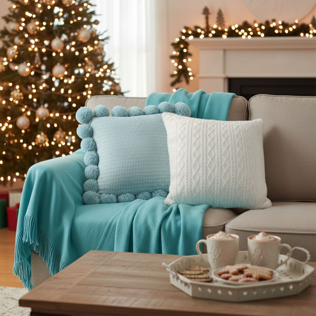 SOGA 3PC Cozy Knit Set – Teal Throw Blanket with Decorative Knitted Pillow Covers (Blue Ribbed & Cable Knit Design)