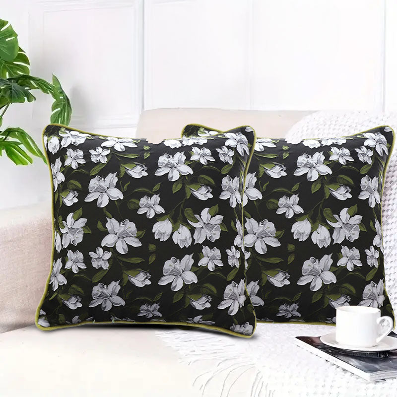 SOGA 45cm Black Floral Pillow Cover with Green Trim