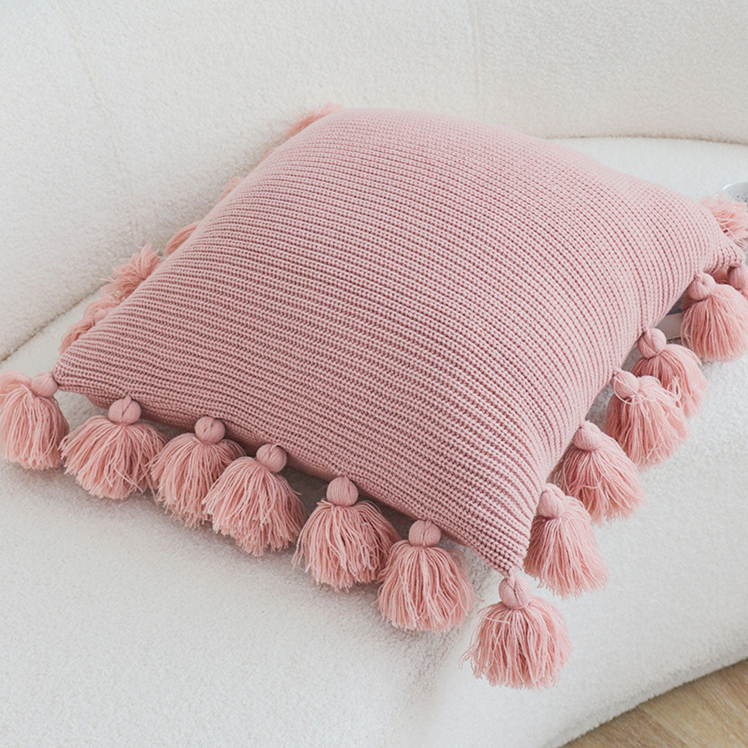 SOGA 45cm Textured Pillowcase with Pom-Pom Trim (Soft Pink)