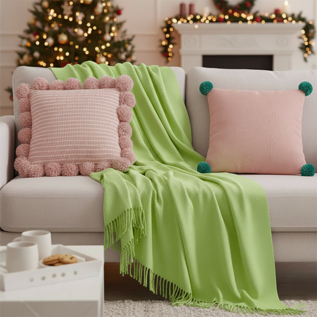 SOGA 3PC Cozy Knit Set – Green Acrylic Throw Blanket with Ribbed Pillow Covers and Pom-Poms (Blush Pink & Dusty Rose Design)