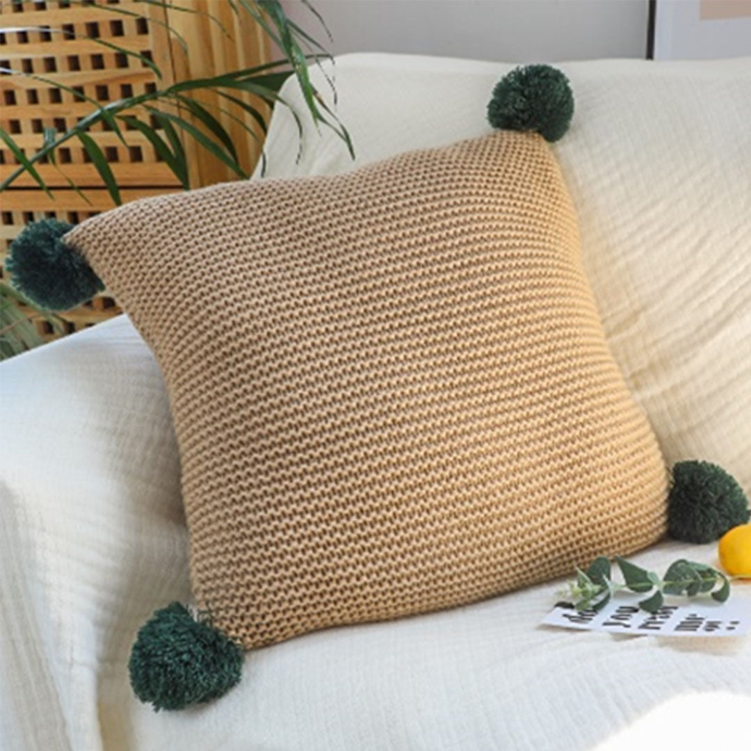SOGA 45cm Ribbed Knit Pillowcase with Pom-Poms (Warm Beige)