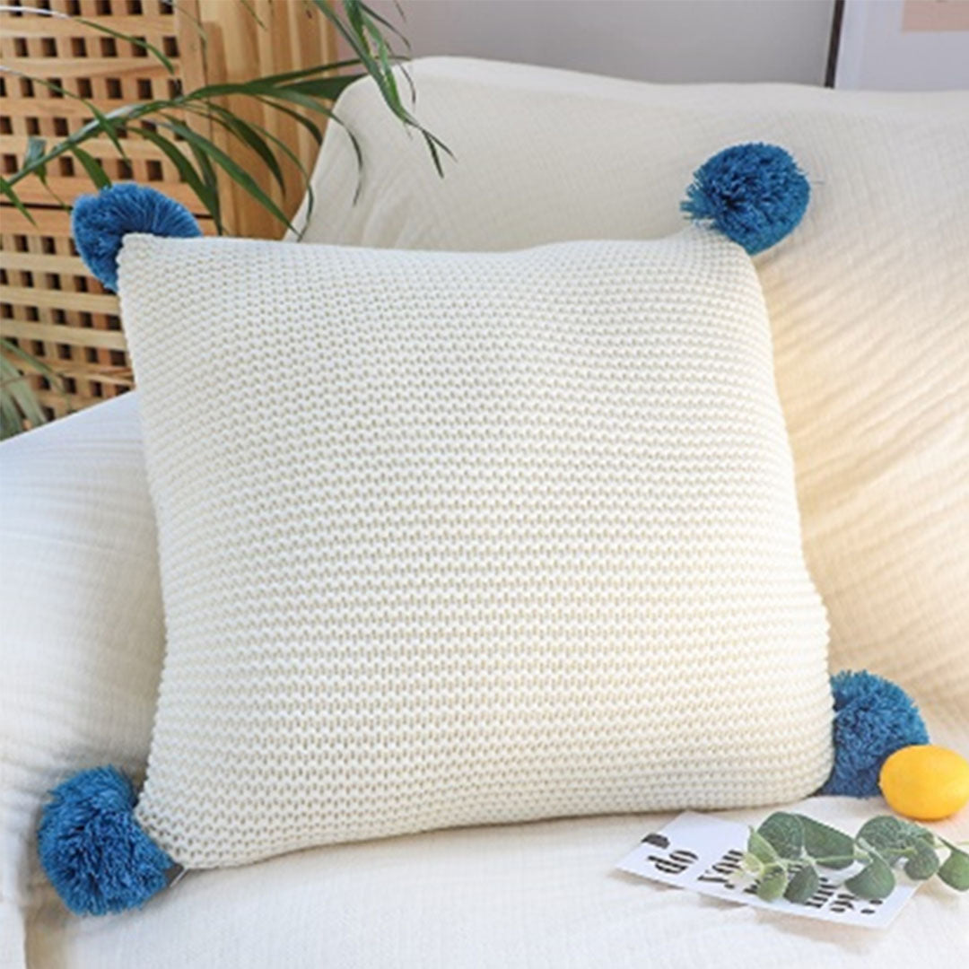 SOGA 45cm Ribbed Knit Pillowcase with Pom-Poms (Cream White)