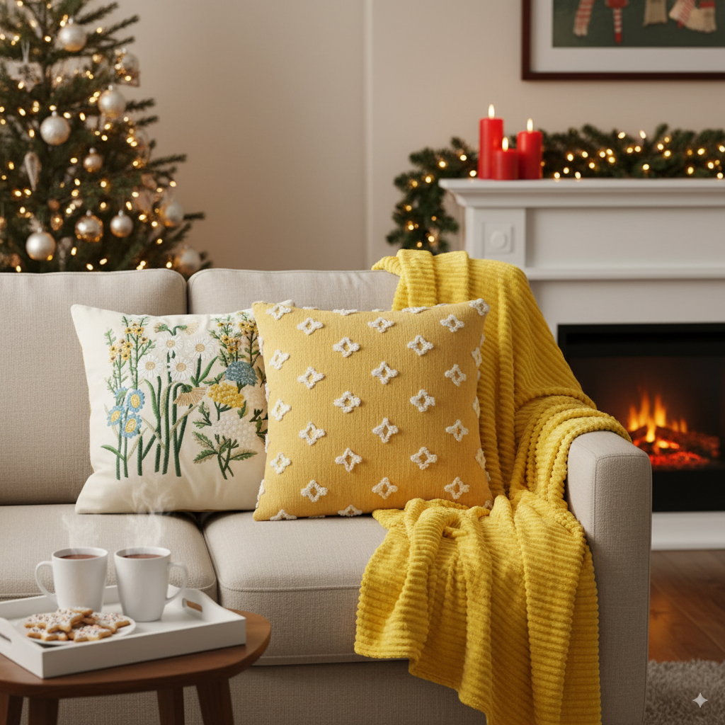 SOGA 3PC Cozy Home Set – Striped Flannel Throw Blanket with Decorative Pillow Covers (Botanical Garden & Diamond Elegance Design)