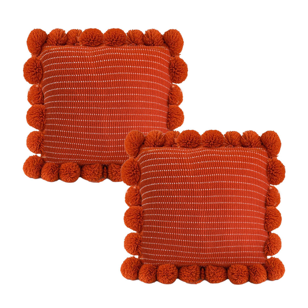 SOGA 2X 45cm Rust Red Ribbed Pillow Covers with Pom Poms – Soft Decorative Cushion Cases for Sofa, Bed & Home Décor