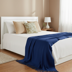 SOGA 5PC Set – Royal Blue Knitted Throw with Fringes + Champagne Velvet & Floral Pillowcases – Cozy Elegant Decor
