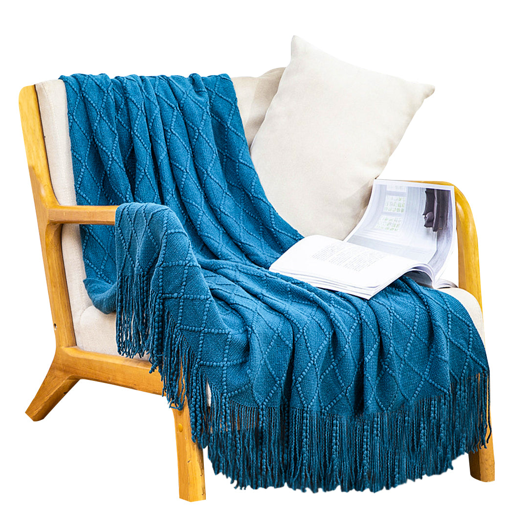 SOGA Diamond Pattern Knitted Throw Blanket – Warm Cozy Woven Cover for Couch, Bed, Sofa & Home Décor with Tassels, Royal Blue