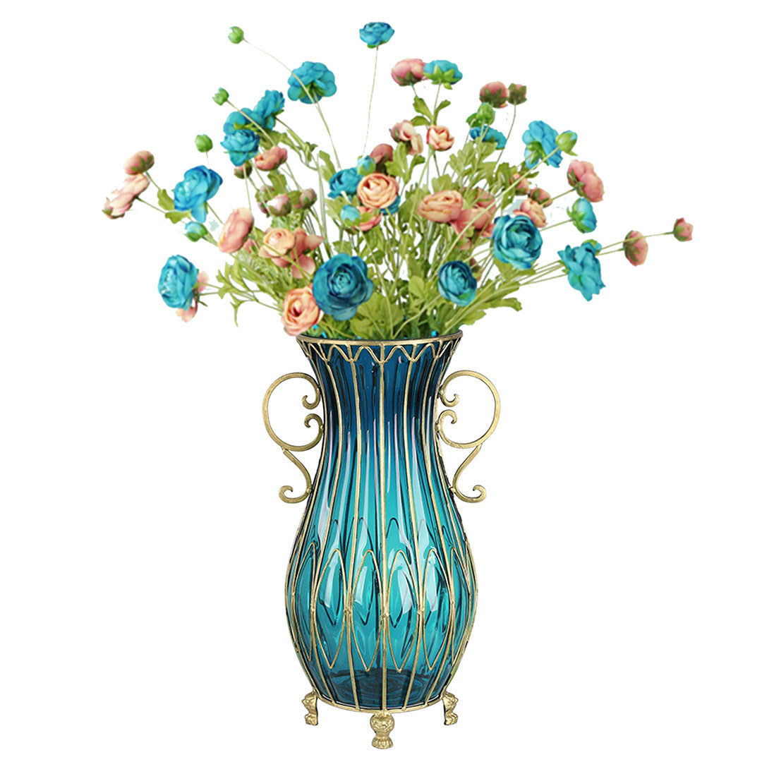 SOGA 51cm Blue Glass Tall Floor Vase with 12pcs Artificial Fake Flower Set