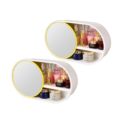 SOGA 2X 39cm Oval Wall-Mounted Mirror Storage Box Vanity Mirror Rack Bathroom Adhesive Shelf Home Organiser Decor